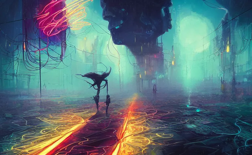 Image similar to A detailed painting of a mystical shadow creature drifting through the neon wires of the astral plane dimension. By Peter Mohrbacher Alena Aenami and Peter Gric and Dan Mumford, Trending on Artstation, bizmuth.