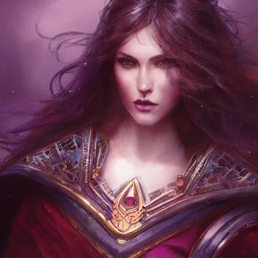 Image similar to masterpiece digital painting of a beautiful woman knight portrait, centered, heavy black obsidian armor, chaotic ruby inlays, large cape, by kev walker and greg rutkowski and mucha and luis royo, atmospheric fog effects background, purple sparkles, artstation, deviantart, closer view, cinematic lights