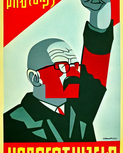 Image similar to soviet communist propaganda poster of walter white as a farmer with his closed fist up in the air, hammer and sickle, happy