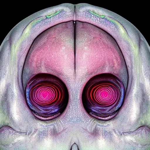 Image similar to “Holographic thermography scan of a alien with big bug eyes , the skin texture of the alien is slime with visualization of veins in 4k, the aliens mouth is human like and it has human form, worms and holes in it’s head using depth field, unreal engine, 4k concept art and hyper realism, overlay of worms on the alien head”