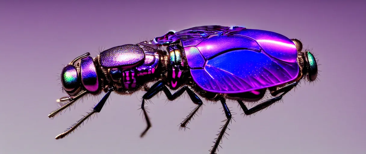 Image similar to high quality macro photo iridescent cyborg fly! jeweled very beautiful! highly detailed digital art david ligare elson peter cinematic purple neon lighting high quality low angle hd 8k sharp shallow depth of field