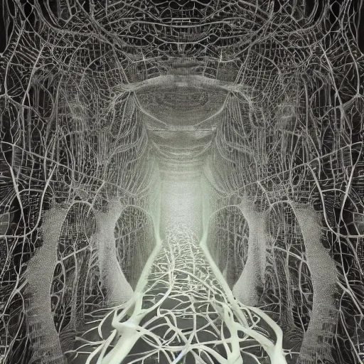 Image similar to biocomputer human organ inside a bio - neural network made like antique lace, in a biomechanical cave forest, environment, matte painting, diffused lighting, highly detailed cinematic, atmosphere, diffused lighting, highly detailed digital art, trending on artstation, depth of field, wide angle