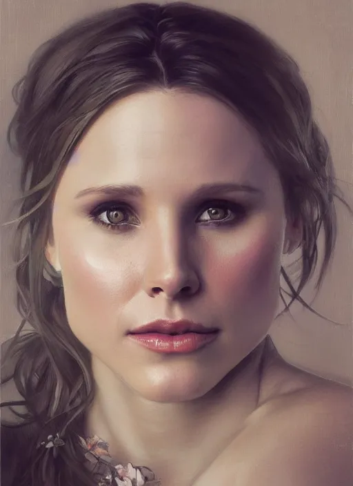 Image similar to beautiful portrait ofkristen bell, soft features, by magali villeneuve and greg rutkowski and artgerm and alphonse mucha and jeremy lipkin and michael garmash and rob hay, intricate, elegant, highly detailed, photorealistic, trending on artstation, trending on cgsociety, 8 k, sharp focus