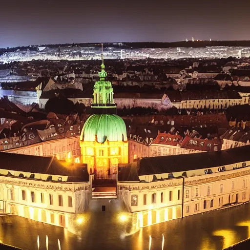 Prompt: ufo alien spaceship landing at the ( ( ( ( prague castle ) ) ) ) during the night, large flying saucer, dslr photography, aliens, volumetrics