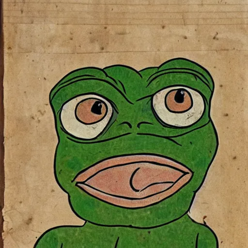 Image similar to ancient manuscript of pepe the frog on papyrus paper, ancient color illustrated, 30BC