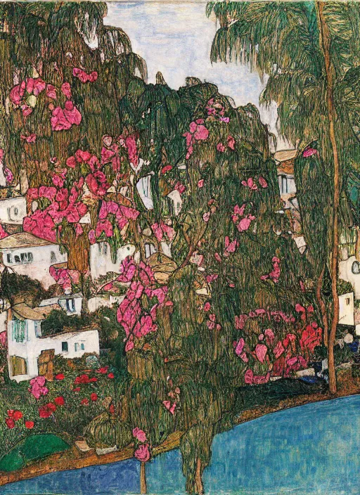 Image similar to tied bridge on local river, 3 boat in river, 2 number house near a lot of palm and eucalyptus and bougainvillea, summer, painting by egon schiele