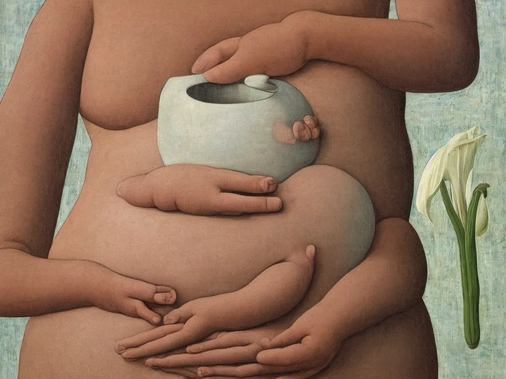 Prompt: Close up of delicate hands holding a white water jug, pregnant belly, lily flower. Painting by Alex Colville, Piero della Francesca, Morandi