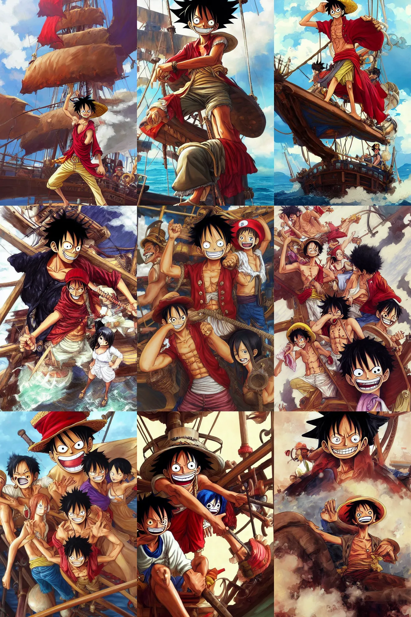 Image similar to Luffy from One Piece with friends on a pirate ship, highly detailed, digital painting, artstation, concept art, sharp focus, illustration, art by artgerm and greg rutkowski and alphonse mucha