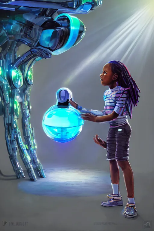 Image similar to a black kid playing with a futuristic robot in the nature, mixing solarpunk, afropunk, cyberpunk, ( ( ( ( volumetric light ) ) ) ), high angle, part by pearl fryar, part by prince damah, sunny day, trending on artstation, cinematic view, illustration, painting, realistic