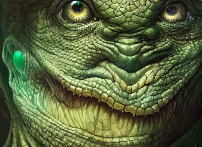 Prompt: patton oswalt with reptile eyes, blue and green skin. intricate, elegant, highly detailed, centered, digital painting, artstation, concept art, smooth, sharp focus, illustration, artgerm, tomasz alen kopera, peter mohrbacher, donato giancola, joseph christian leyendecker, wlop, frank frazetta