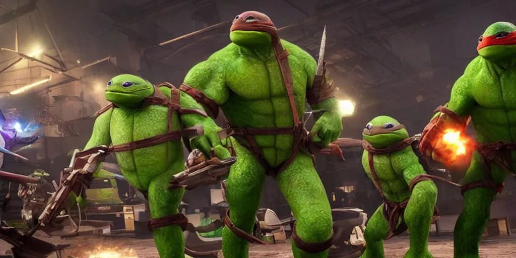 Image similar to phil spencer, microsoft, ninja turtles in an asian factory, fantasy, games 3 d, unreal, amazing detali 4 k