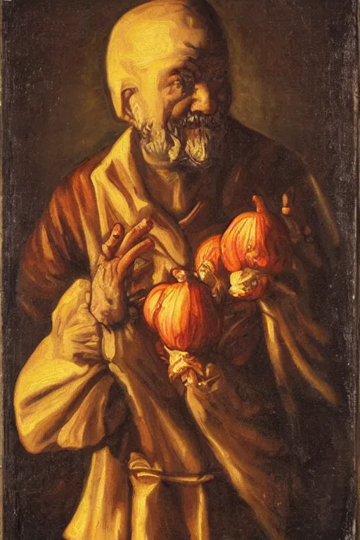 Prompt: garlic man portrait, baroque painting, smug, surrounding garlic