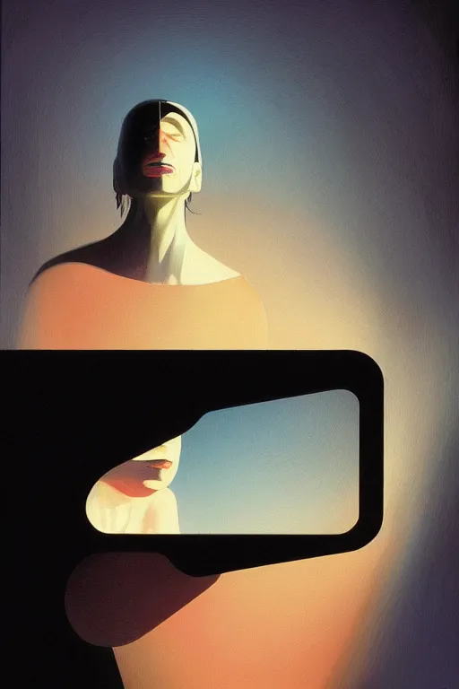 Image similar to woman wearing Oculus and digital glitch head Edward Hopper and James Gilleard, Zdzislaw Beksisnski, higly detailed