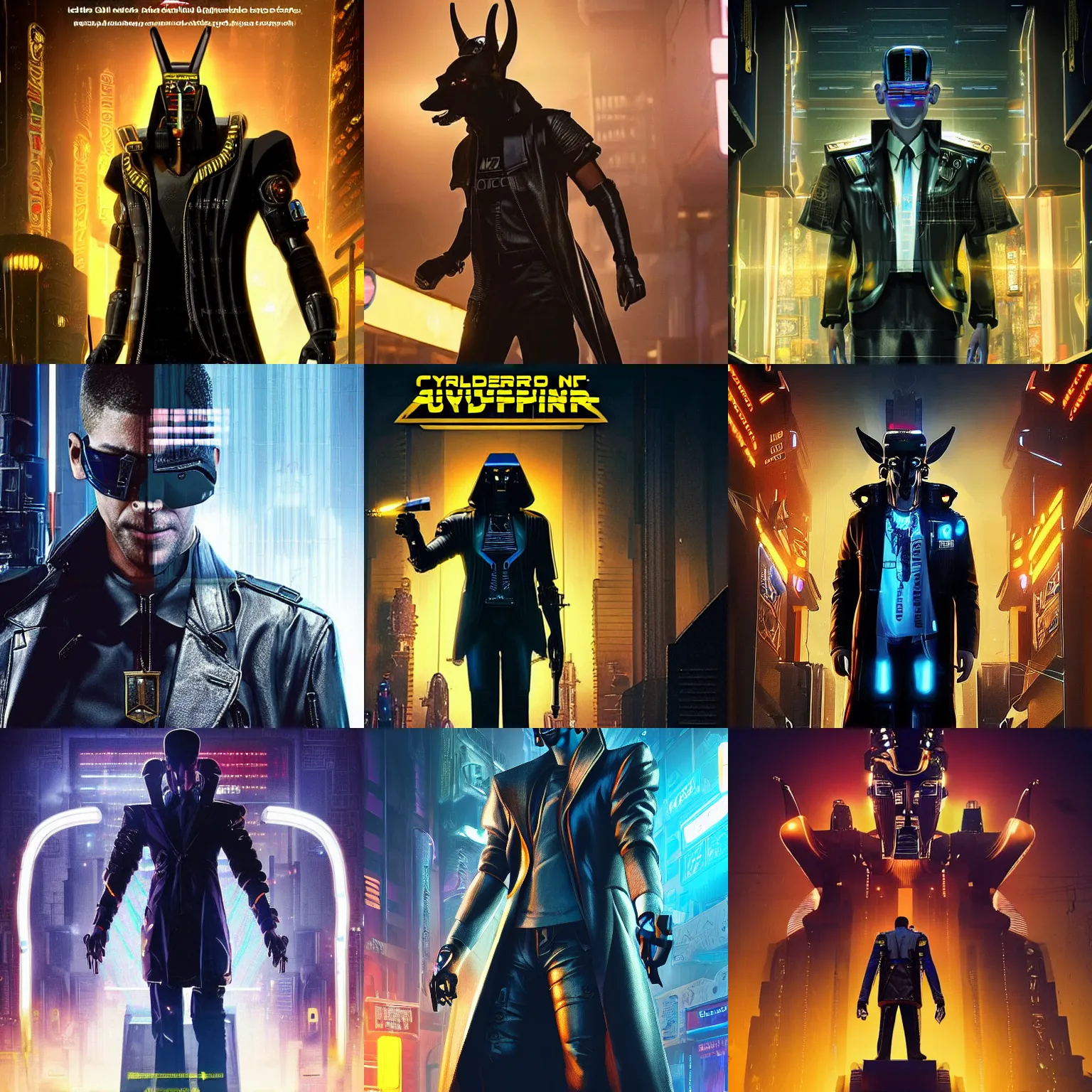 Prompt: a cybertronic version of the egyptian god anubis dressed like a police detective in a trenchcoat, in the movie bladerunner, led lights, cyberpunk 2 0 4 9, cyberpunk 2 0 7 7, city