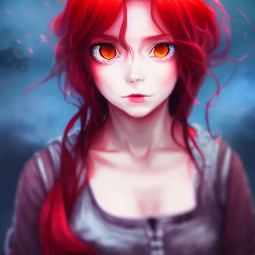 Image similar to beautiful angry girl, portrait, fire magic, red hair and makeup, cute, sharp focus, professional digital painting, pixiv popular illustrations, by suzuame 9 7, kezie demessance, enji _ works, shia - ushio, masterpiece, cinema