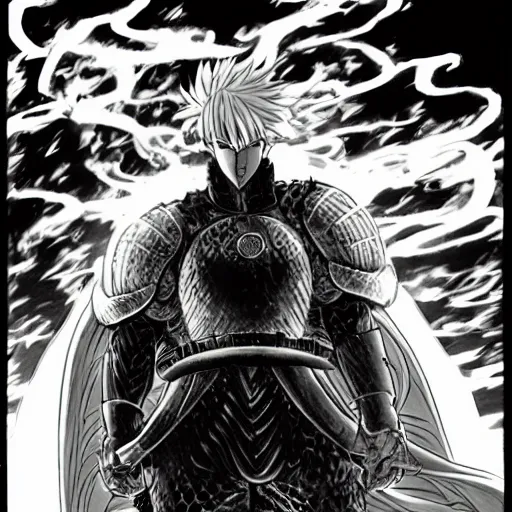 Image similar to knight driving a car, dragon blowing fire above, manga panel, ONE, Murata, Berserk