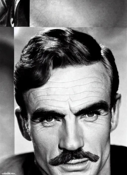 Prompt: genetic combination of a young sean connery and ted cassidy. handsome man, prominent cheekbones, deep dimples, strong jaw, striking features. face and shoulders focus.