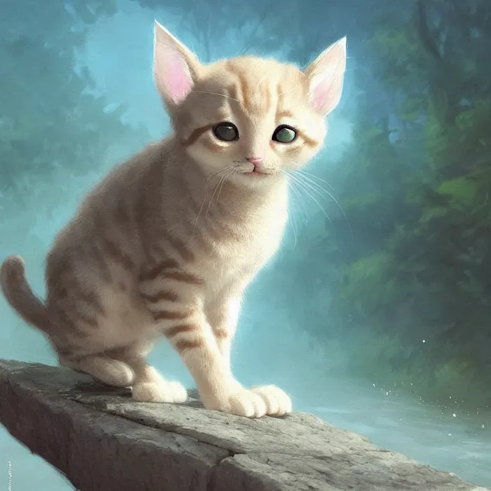 Image similar to a painting of a cute light beige kitten at a river. dark brown ears and face and legs and tail. white paws. character design by cory loftis, fenghua zhong, ryohei hase, ismail inceoglu and ruan jia. volumetric light, detailed, rendered in octane