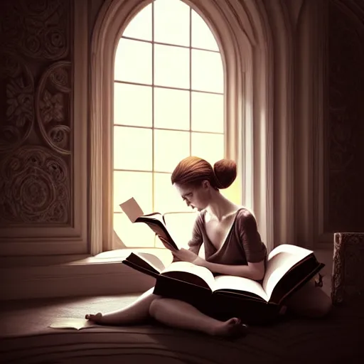 Prompt: portrait of an absurdly beautiful girl reading a book, graceful, sophisticated, hyperdetailed illustration by irakli nadar, maria borges, matt wisniewski style, intricate linework, unreal engine 5 highly rendered, global illumination, detailed and intricate environment
