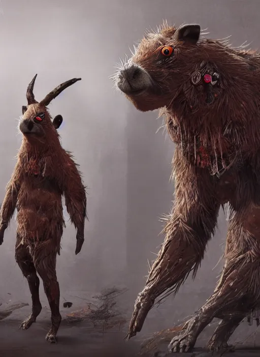 Image similar to detailed full body concept art illustration oil painting of an anthropomorphic capybara zombie in full intricate clothing, biomutant, dystopian, ultra detailed, digital art, octane render