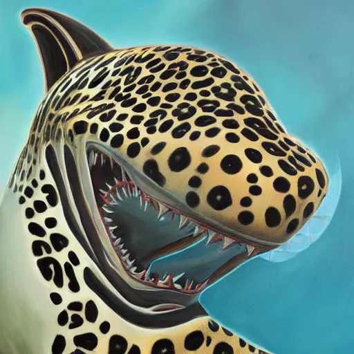 Prompt: A shark Jaguar quadrupedal hybrid, ultra high definition, in a oil painting style