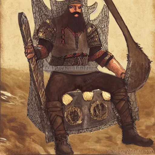 Prompt: viking king, with black beard and short black hair, sitting on his wooden throne with his axe leaning on the side of the throne, looking forward, in a chill position, high detail, realism style art