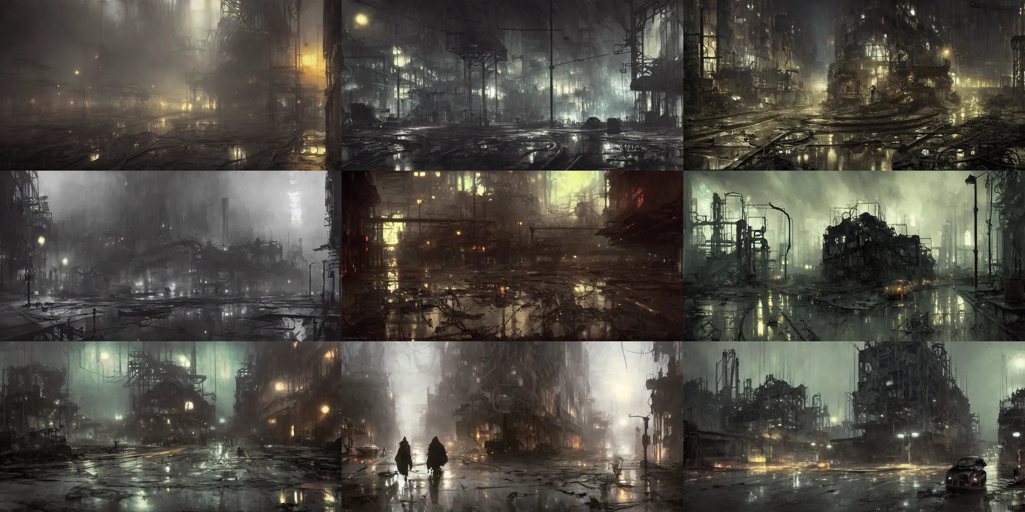 Prompt: abandoned industrial city at night, dark moody lighting, by jeremy mann and alphonse mucha, dramatic lighting, ethereal, stunning, breathtaking, awe - inspiring award - winning, 8 k