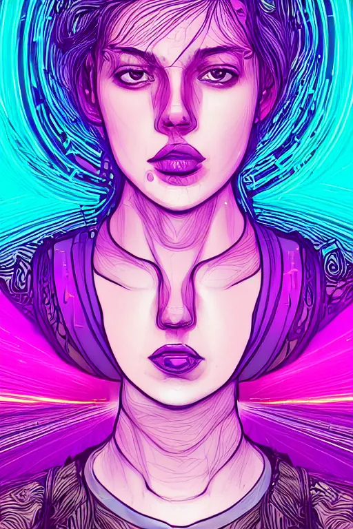 Image similar to a award winning half body portrait of a beautiful woman with stunning eyes in a croptop and cargo pants with ombre purple pink teal hairstyle and hands in pockets by thomas danthony, surrounded by whirling illuminated lines, outrun, vaporware, shaded flat illustration, digital art, trending on artstation, highly detailed, fine detail, intricate