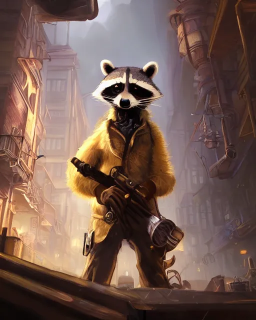 Image similar to Raccoon, Anthropomorphized, holding rocket launcher, Golden Steampunk city atmosphere, magic the gathering artwork, D&D, fantasy, cinematic lighting, centered, symmetrical, highly detailed, digital painting, artstation, concept art, smooth, sharp focus, illustration, volumetric lighting, epic Composition, 8k, art by Akihiko Yoshida and Greg Rutkowski and Craig Mullins, heroic pose, oil painting, cgsociety,