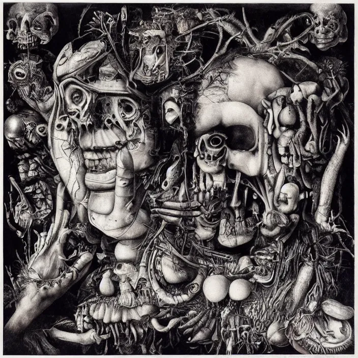 Image similar to post - punk new age album cover, asymmetrical design, magic, apocalypse, psychedelic, highly detailed, black white pink, magic, giger h. r., giuseppe arcimboldo