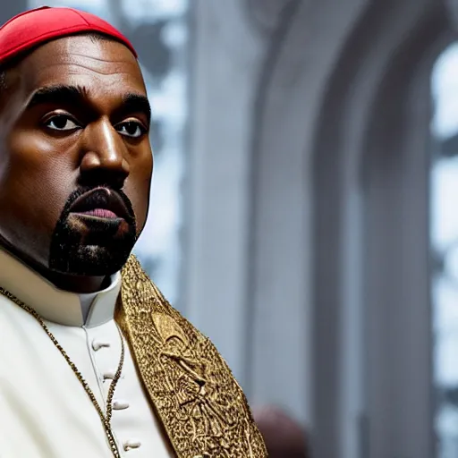 Image similar to saint kanye west as the pope pope in the vatican ( gears of war battlefield 5 ), splash art, movie still, cinematic lighting, dramatic, detailed face, octane render, long lens, shallow depth of field, bokeh, anamorphic lens flare, 8 k, hyper detailed, 3 5 mm film grain