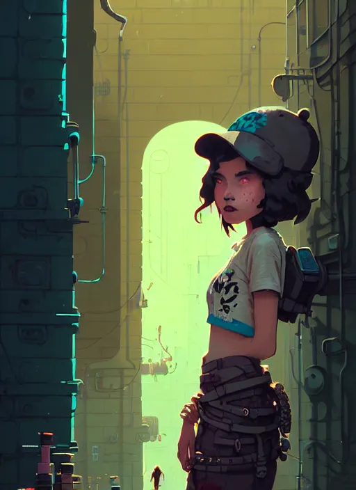 Image similar to highly detailed portrait of a sewer punk young lady by atey ghailan, james gilleard, by joe fenton, by greg rutkowski, by greg tocchini, by kaethe butcher, 4 k resolution, gradient yellow, black, brown and cyan color scheme, grunge aesthetic!!! ( ( dystopian graffiti tag wall in background ) )