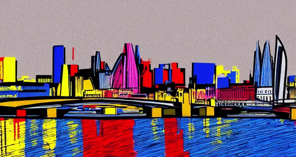 Image similar to color sketch of the london skyline, highly detailed, dramatic lighting, intense shadows, rich deep colours, by roy lichtenstein