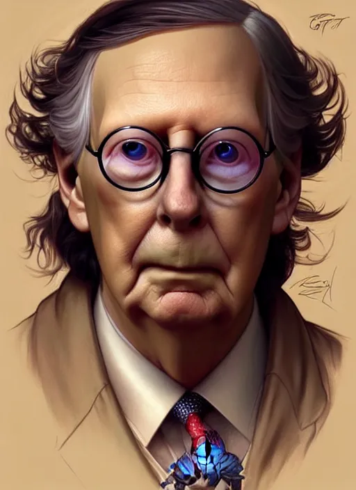 Image similar to concept art by artgerm, amazingly beautiful portrait of a hyper realistic, frowning, sad mitch mcconnell as a turtle!!! caricature 3 d by greg rutkowski, artgerm, alphonse mucha,