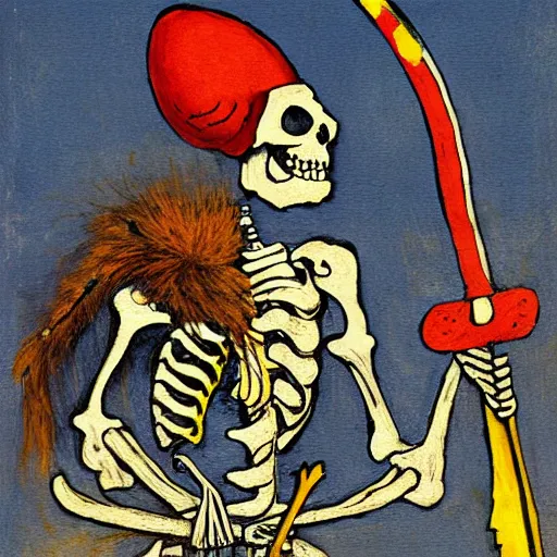 Image similar to skeleton in a colourful landsknechts uniform, wielding a sword, rennaissance painting