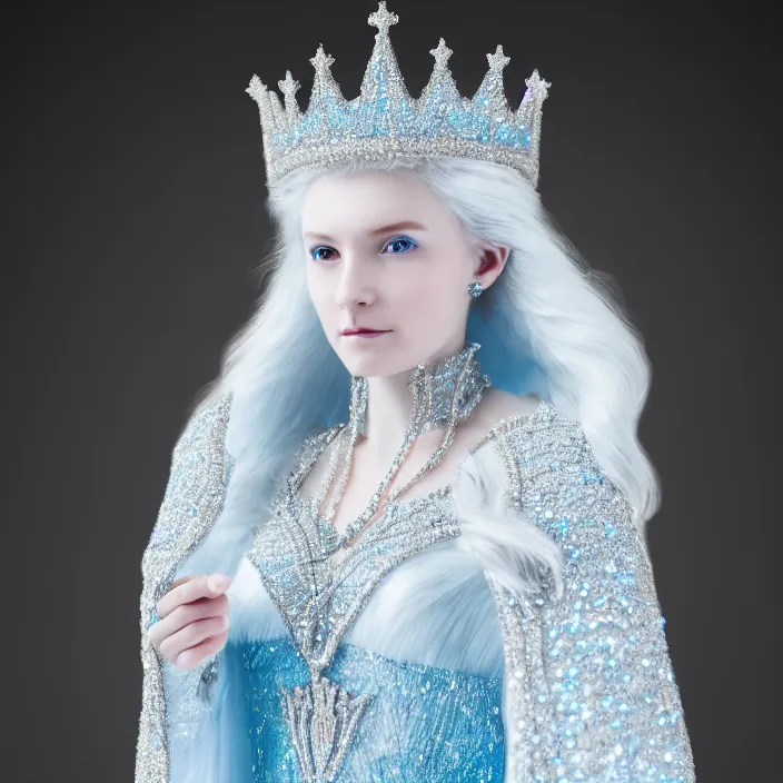 Image similar to photograph of a real-life beautiful ice queen with intricate crown and cloak. Extremely detailed. 8k