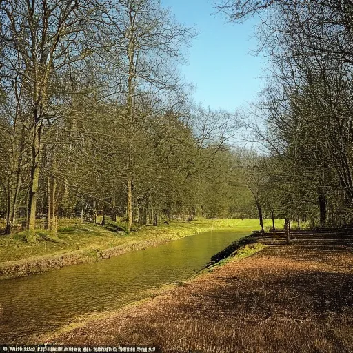 Image similar to at the dam there was a field, with a path running through it, and the sky was a pale blue with no clouds, and the trees stood silent in their verdure