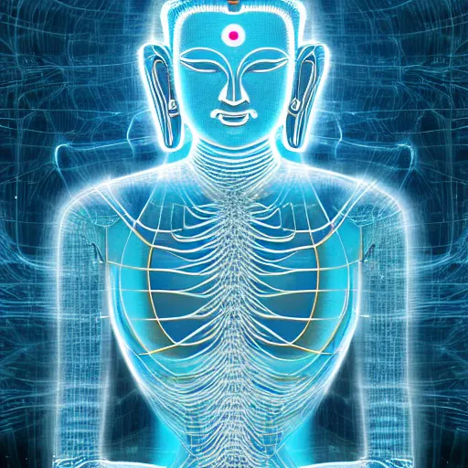 Image similar to robotic lifeform buddha meditating in front of a beautiful fractal neural network :: photo-realistic