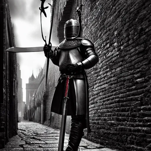Prompt: knight holding a sword standing in an old london alley, ominous, chilly dark mood, very sharp image, hyper realistic, symmetrical, 4 k, highly ornate intricate details,