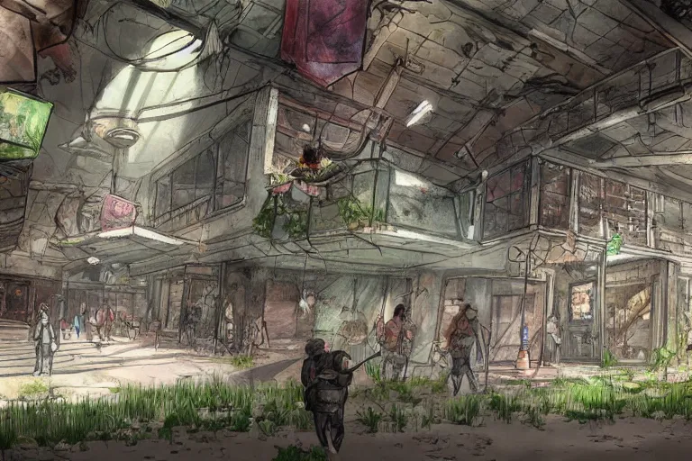 Image similar to detailed concept art in the style of last of us of west edmonton mall