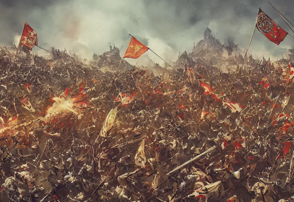 Image similar to handmade illustration of a small medieval battle, banners and flags, arrows, line art, ink, watercolor by Kilian Eng and by Jake Parker, winning-award masterpiece, fantastic, octane render, 8K HD Resolution, High quality image