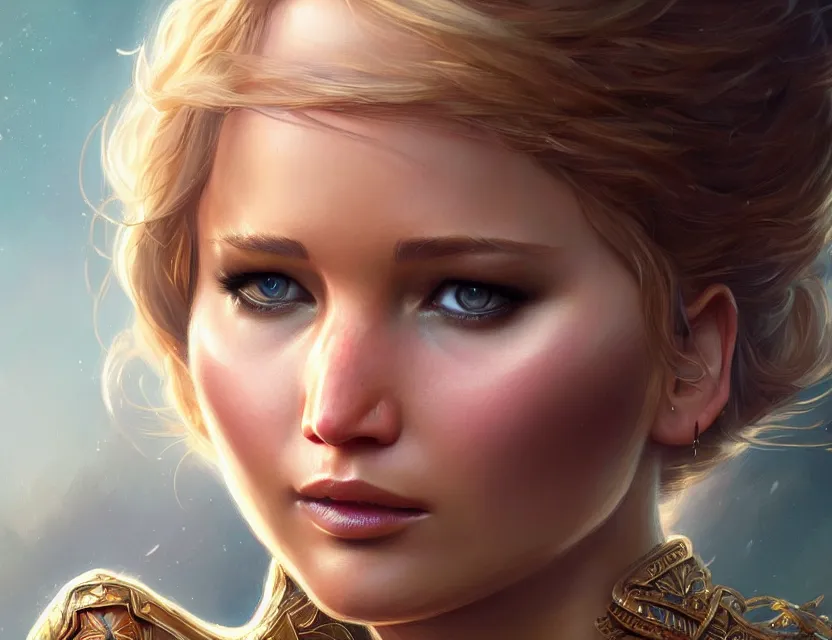 Image similar to Jennifer Lawrence, closeup, D&D, fantasy, intricate, elegant, highly detailed, digital painting, artstation, concept art, matte, sharp focus, illustration, hearthstone, art by Artgerm and Greg Rutkowski and Alphonse Mucha