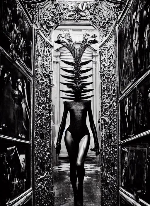 Image similar to walking down the catwalk, steven klein, show, stage, vogue photo, podium, fashion show photo, historical baroque dress dark, iris van herpen, beautiful woman, full body shot, masterpiece, intricate, biopunk, predator, guyver, highly detailed