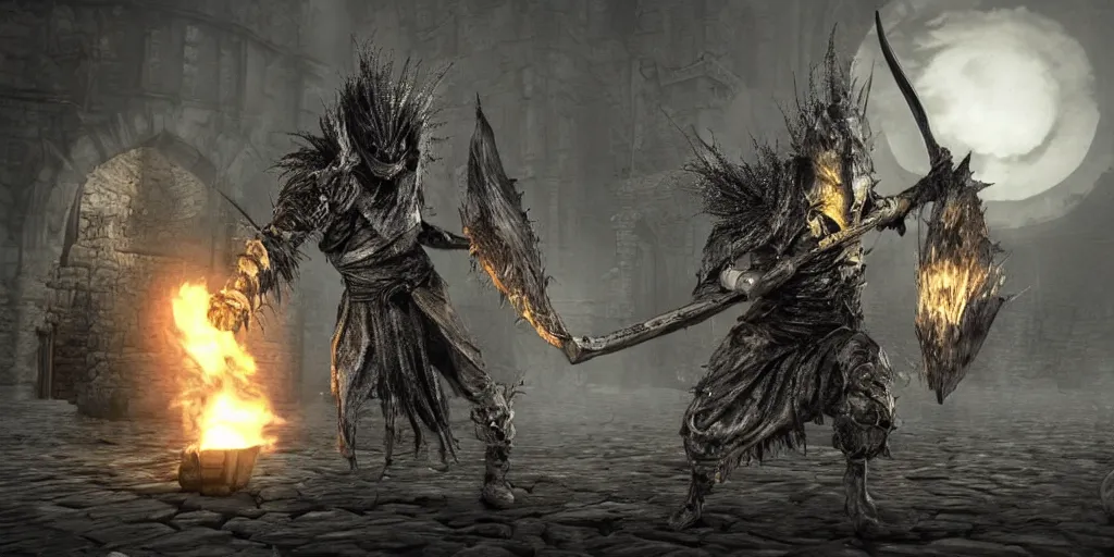 Image similar to minion as a darksouls boss, horror, hd, screenshot,