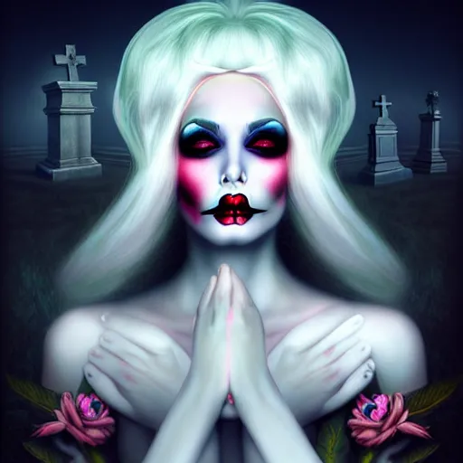 Image similar to goddess of death in a cemetary, white hair, bright, cool colors, digital painting, surrealism, by natalie shau