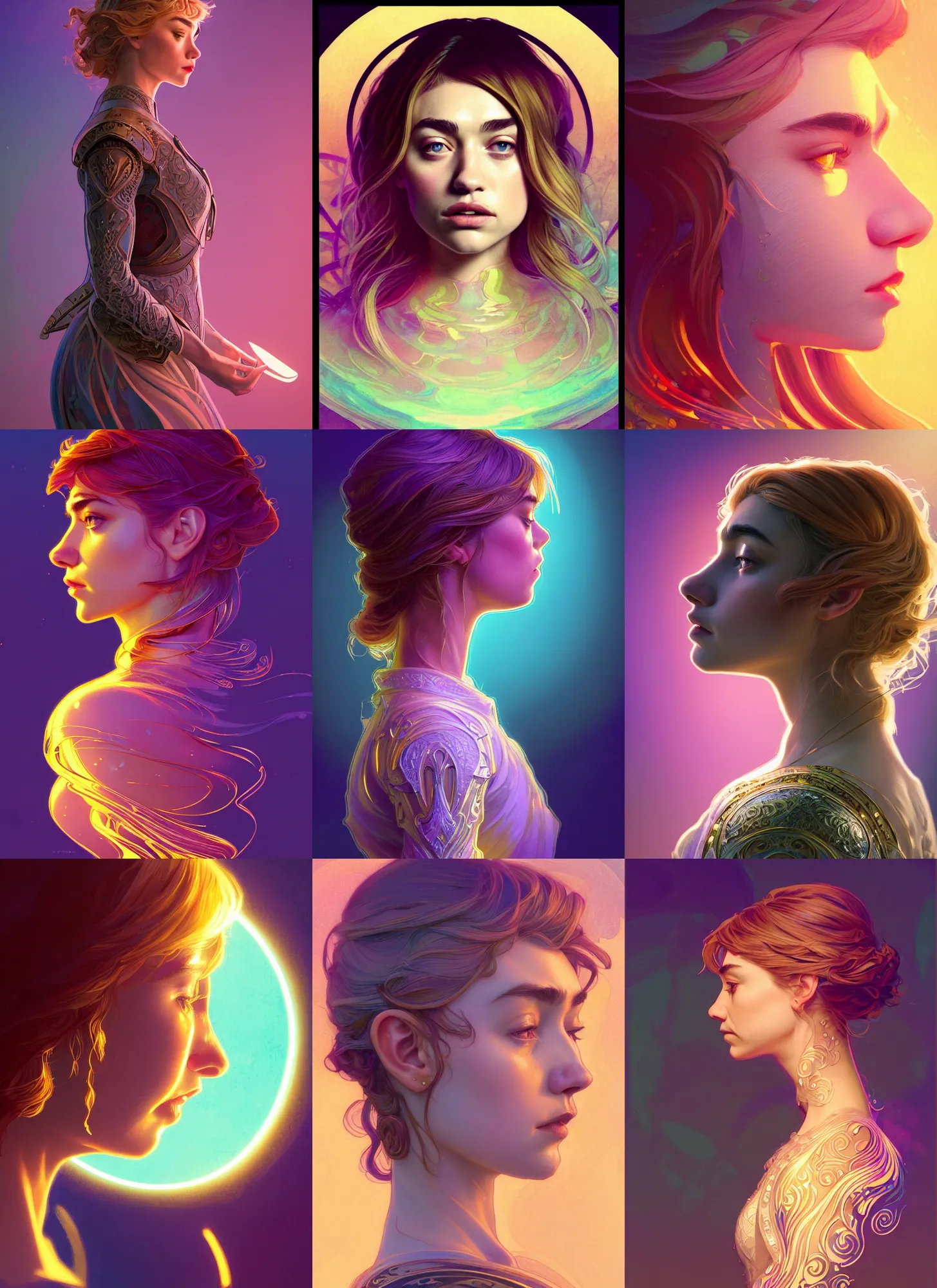 Prompt: side profile portrait, imogen poots paladin, mucha, d & d, soft, smooth, luminescent, art nouveau, concept art, backlit glow, ripples, swirly vibrant color lines, holy, gaudy colors, aesthetic octane render, 8 k hd, by ilya kuvshinov, cushart krentz, gilleard james