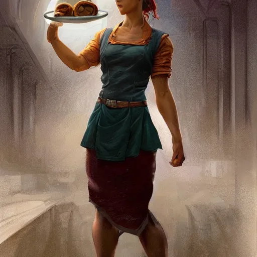 Prompt: epic portrait an muscular waitress wearing short sleeved uniform and carrying food, digital painting, artstation, concept art, soft light, hdri, smooth, sharp focus, illustration, fantasy, intricate, elegant, highly detailed, D&D, matte painting, in the style of Greg Rutkowski and Alphonse Mucha and artemisia, 8k, highly detailed, jurgens, rutkowski, bouguereau, pastoral, rustic, georgic, detailed concept art, illustration, colorful pastel, painting, detail, ultra detailed, digital art, 4K,