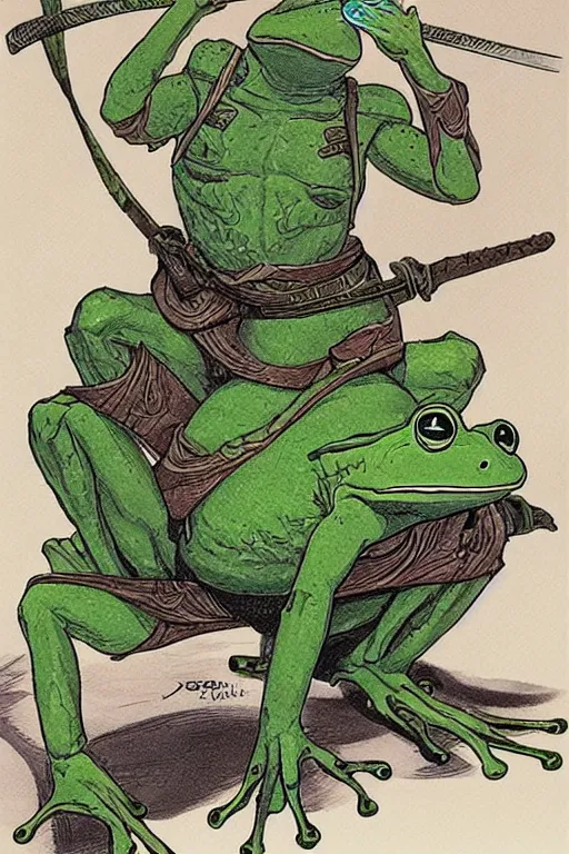 Image similar to Frog Samurai. concept art by James Gurney and Mœbius.