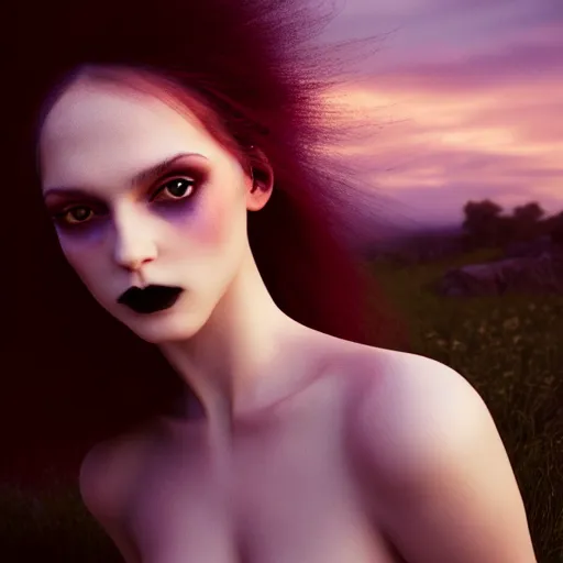 Image similar to photographic portrait of a stunningly beautiful gothic female in soft dreamy light at sunset, contemporary fashion shoot, by edward robert hughes, annie leibovitz and steve mccurry, david lazar, jimmy nelsson, breathtaking, 8 k resolution, extremely detailed, beautiful, establishing shot, artistic, hyperrealistic, beautiful face, octane render