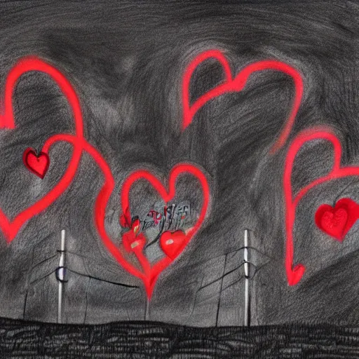 Image similar to primary school on a hill, red hearts, sadness, dark ambiance, concept by godfrey blow, featured on deviantart, drawing, sots art, lyco art, artwork, photoillustration, poster art